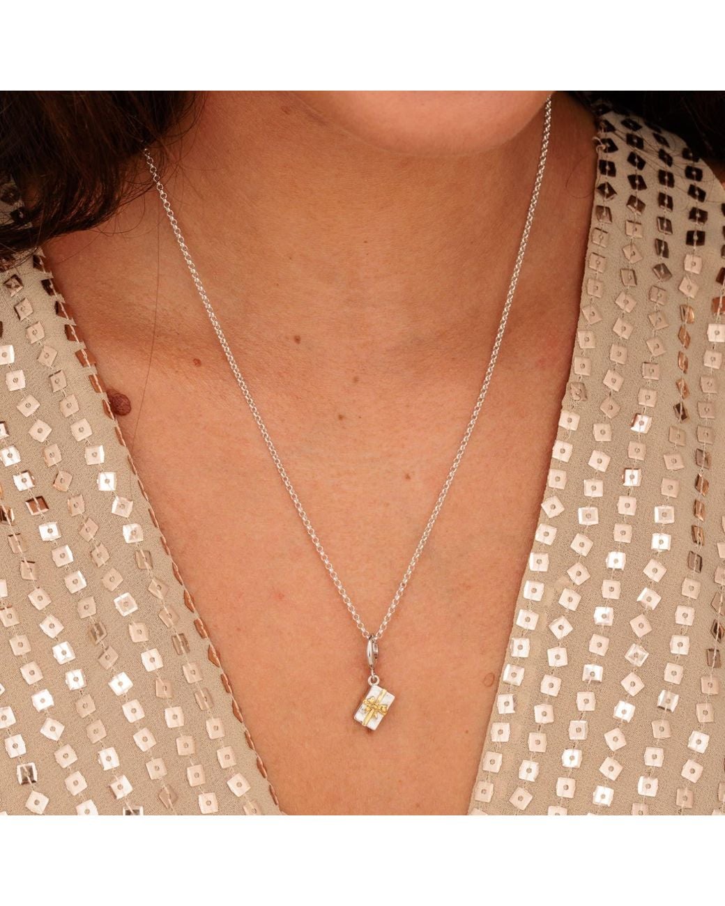 Lily Charmed Metallic Sterling Christmas Present Charm Necklace With Bow