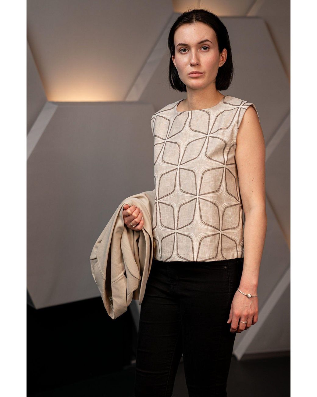 Stovaria Natural Neutrals Embroidered Linen Structured Sleeveless Statement Top