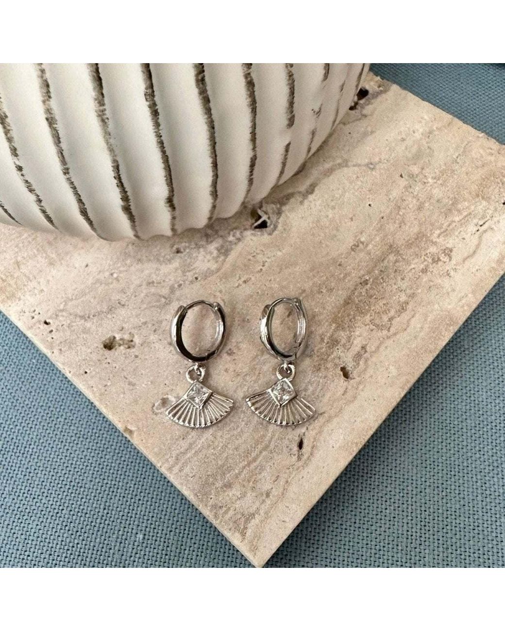 Clemence Wren Metallic Art Deco Gemstone Fan Charm Huggie Earrings