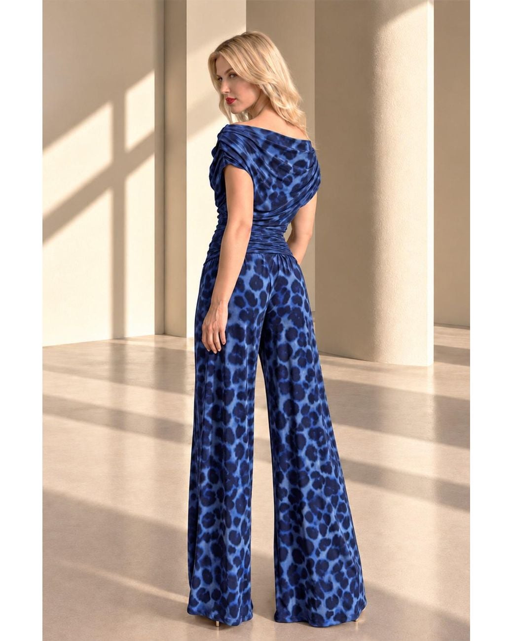Atom Label Blue Carbon Bardot Wide Leg Jumpsuit