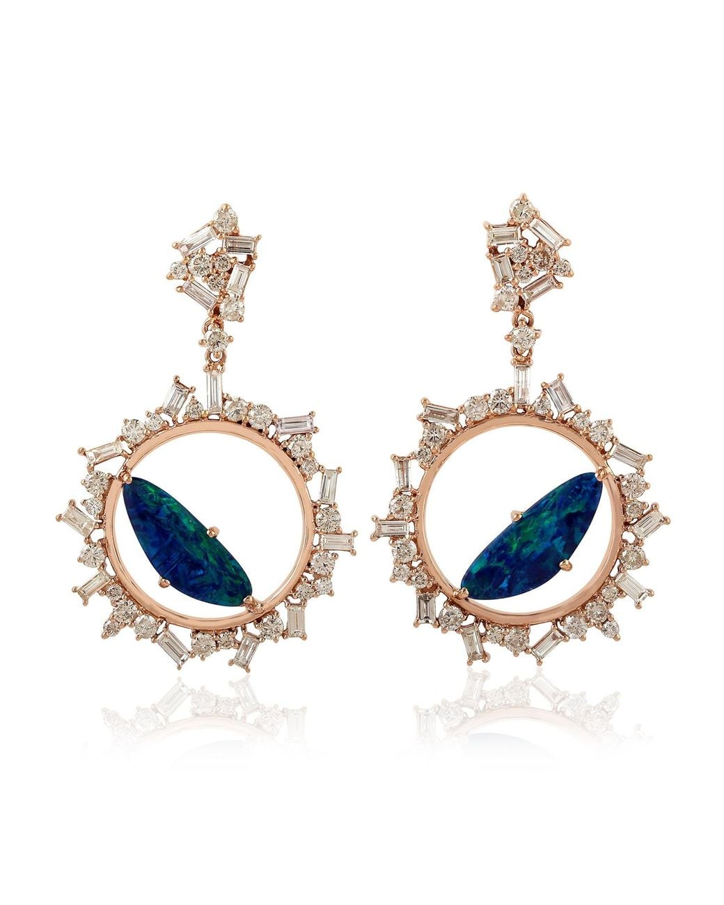 Artisan Blue 18k Rose Gold Baguette Diamond Opal Doublet Dangle Earrings Handmade