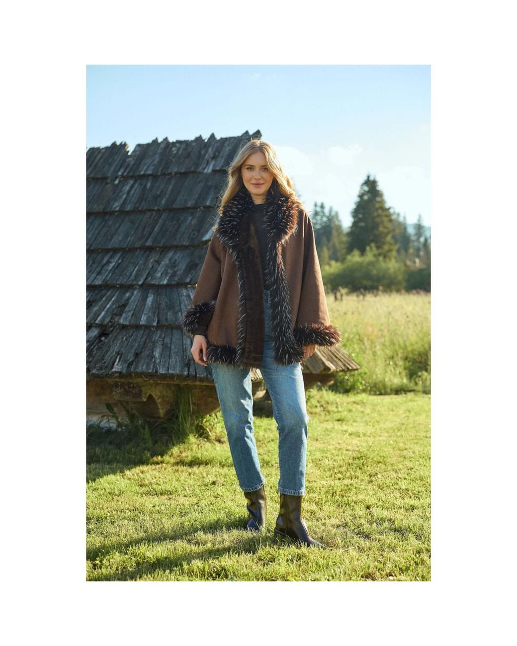 Saachi Brown Shaggy Faux Fur Cape Kimono