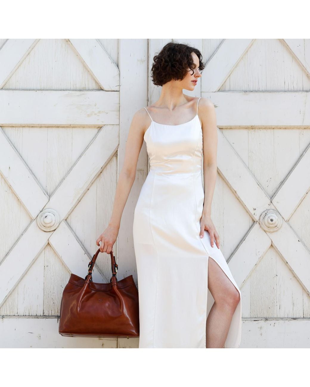 Time Resistance Brown Cognac Leather Tote Bag For