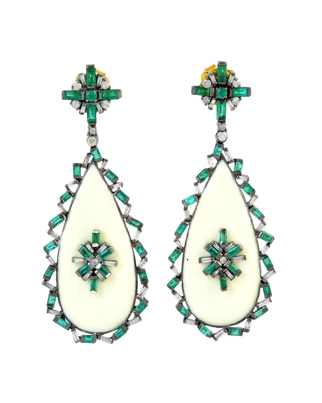 Artisan Green Emerald & Diamond Enamel Drop Earrings