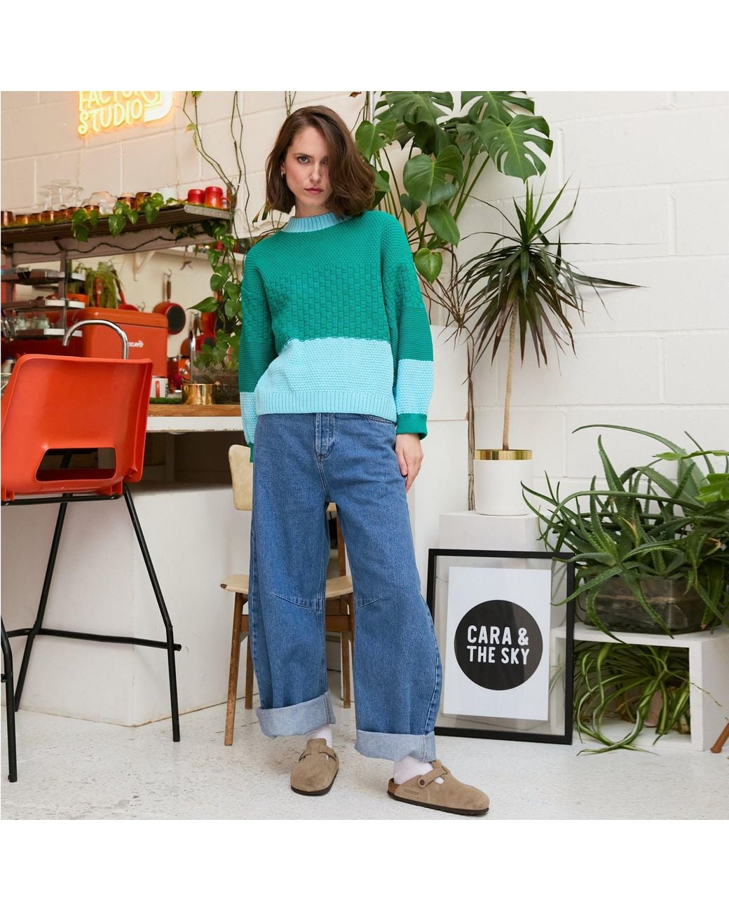 Cara & The Sky Green Taz Colour Block Balloon Sleeve Jumper