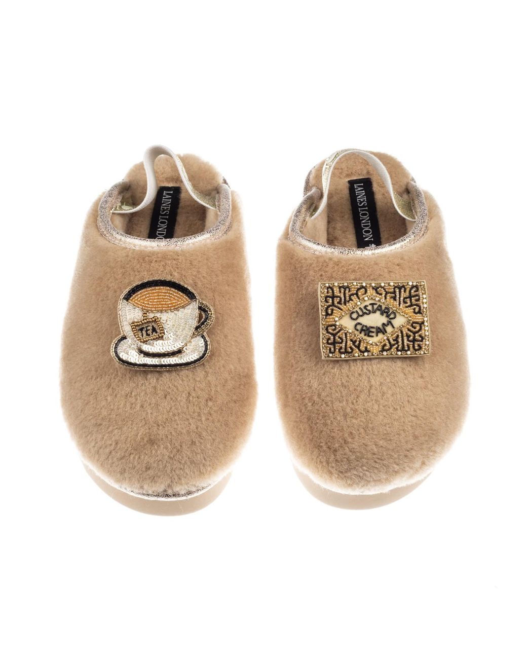 Laines London Brown Neutrals Flatform Cloud Closed Toe Slippers With Tea & Biscuit Brooches