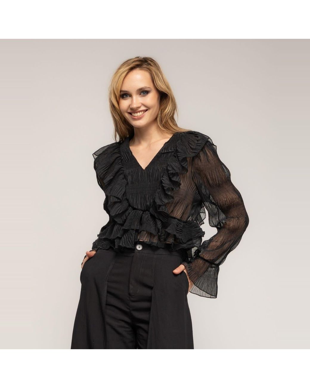 Tantra Spain Sl Black Pleated Ruffled Top With V-Neck