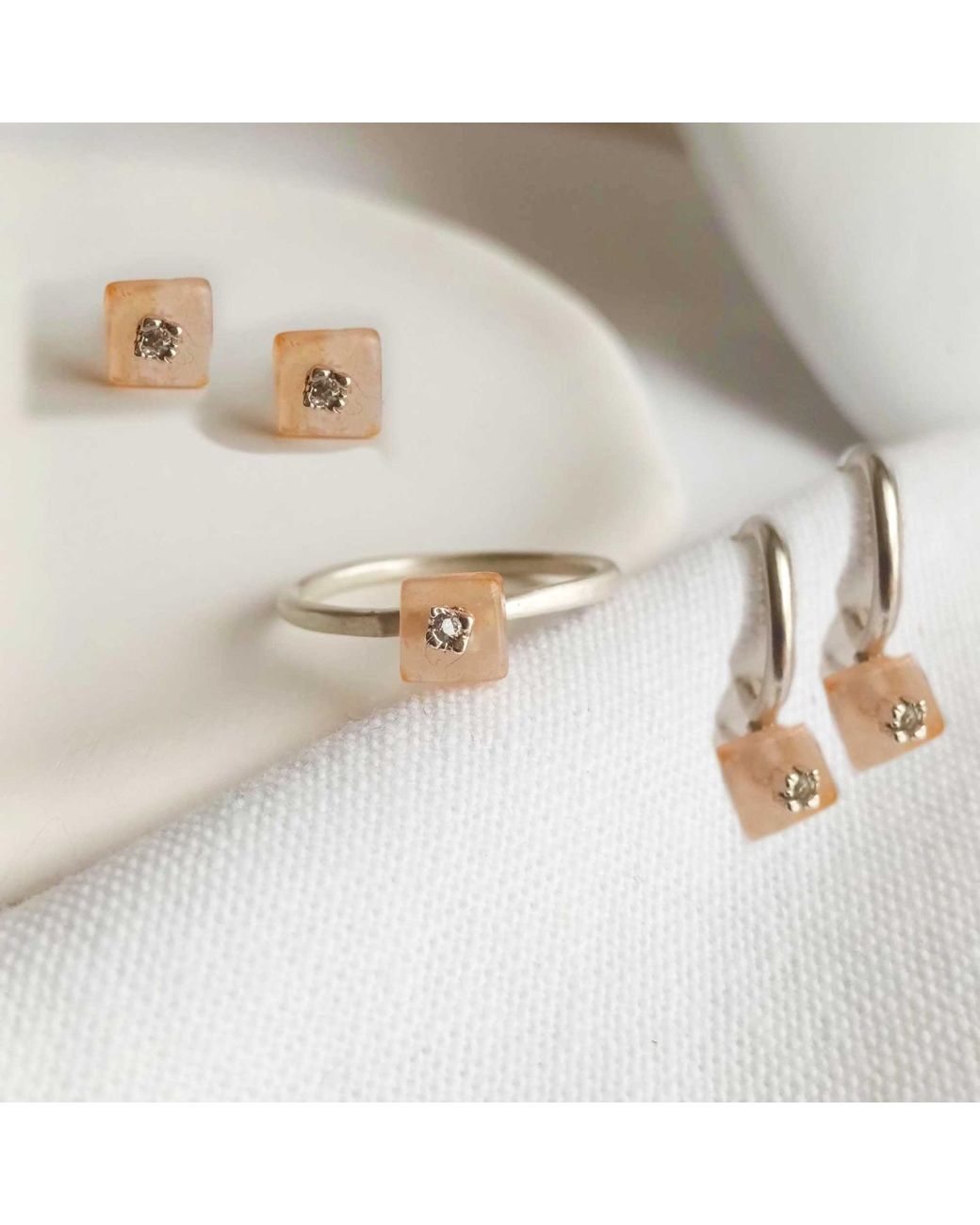Lily Flo Jewellery Natural Peach Moonstone Lab Grown Diamond Stud Earrings