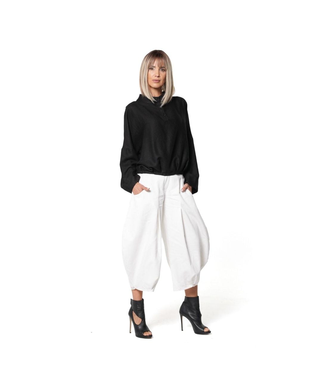 Metamorph Black Oversized Blouse With Stand Collar And Gathered Hem