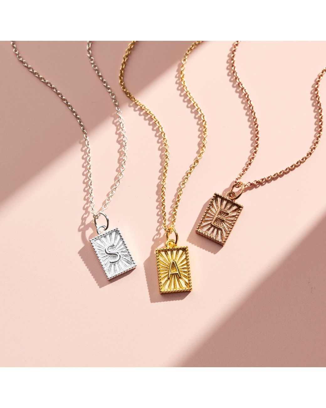 Posh Totty Designs Metallic Rose Gold Plated Sunbeam Rectangle Initial Charm Necklace