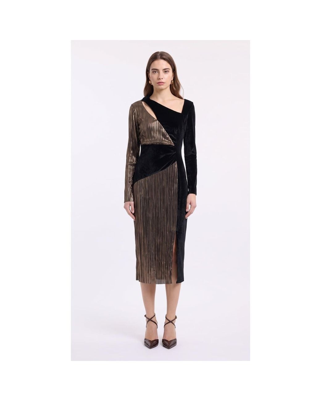 concept A trois Multicolor Bronze Velvet And Plissé Midi Dress With Detachable Scarf