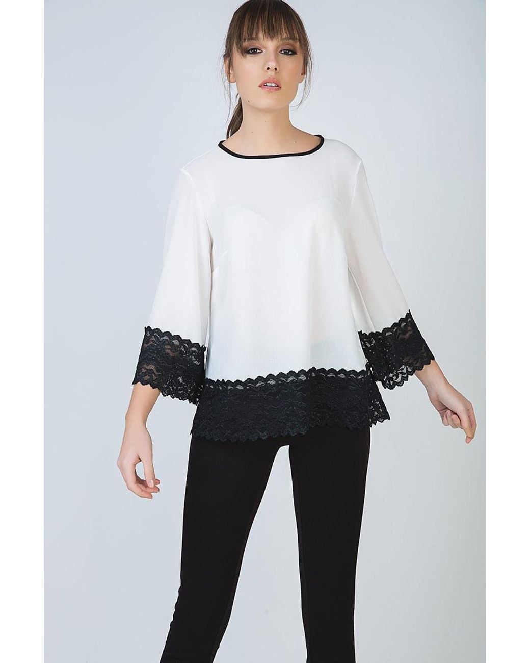 Conquista White Neutrals Loose Fit Ecru Top With Lace Detail