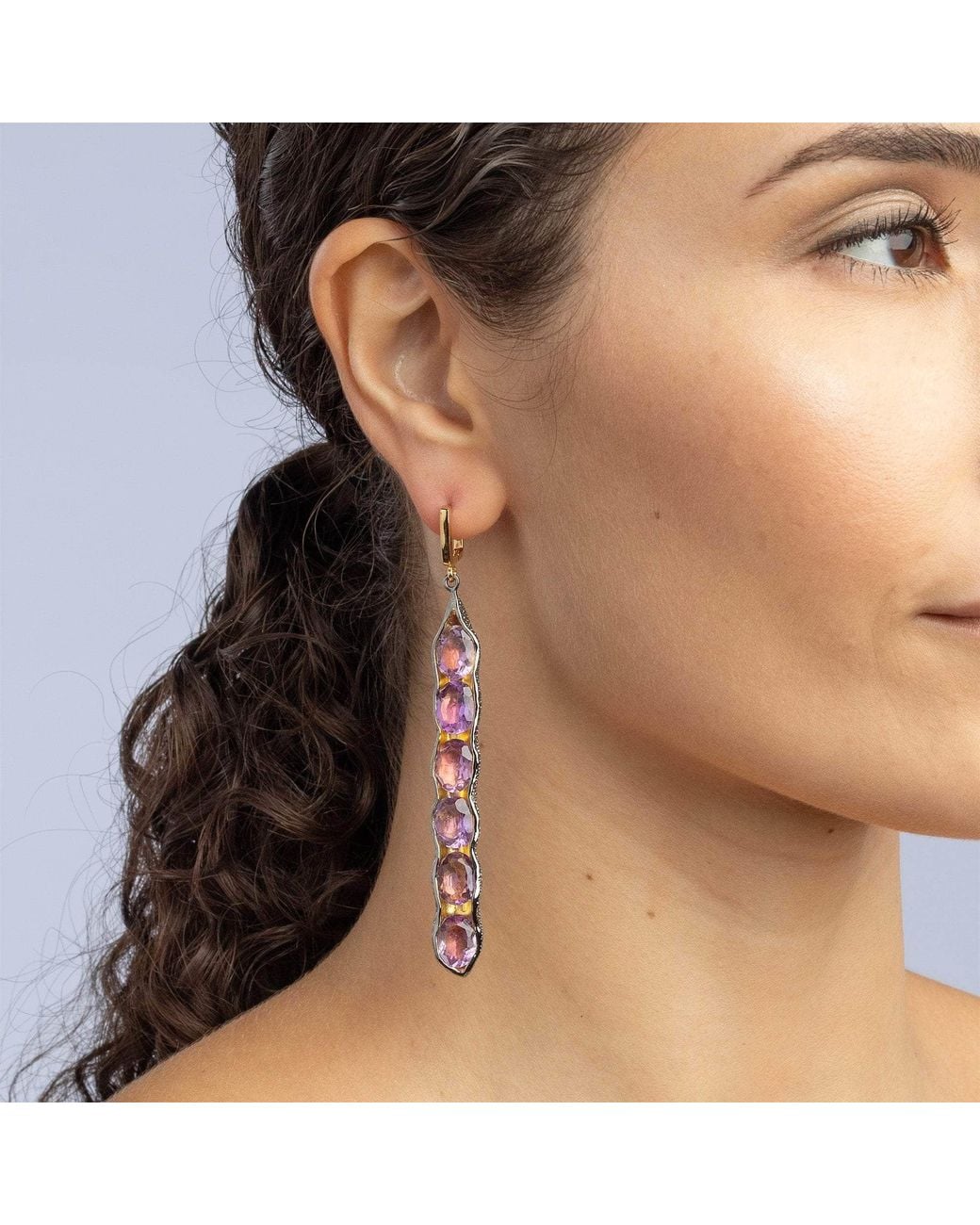 German Kabirski Purple Chimey Plated Asymmetric Earrings With Natural Amethyst