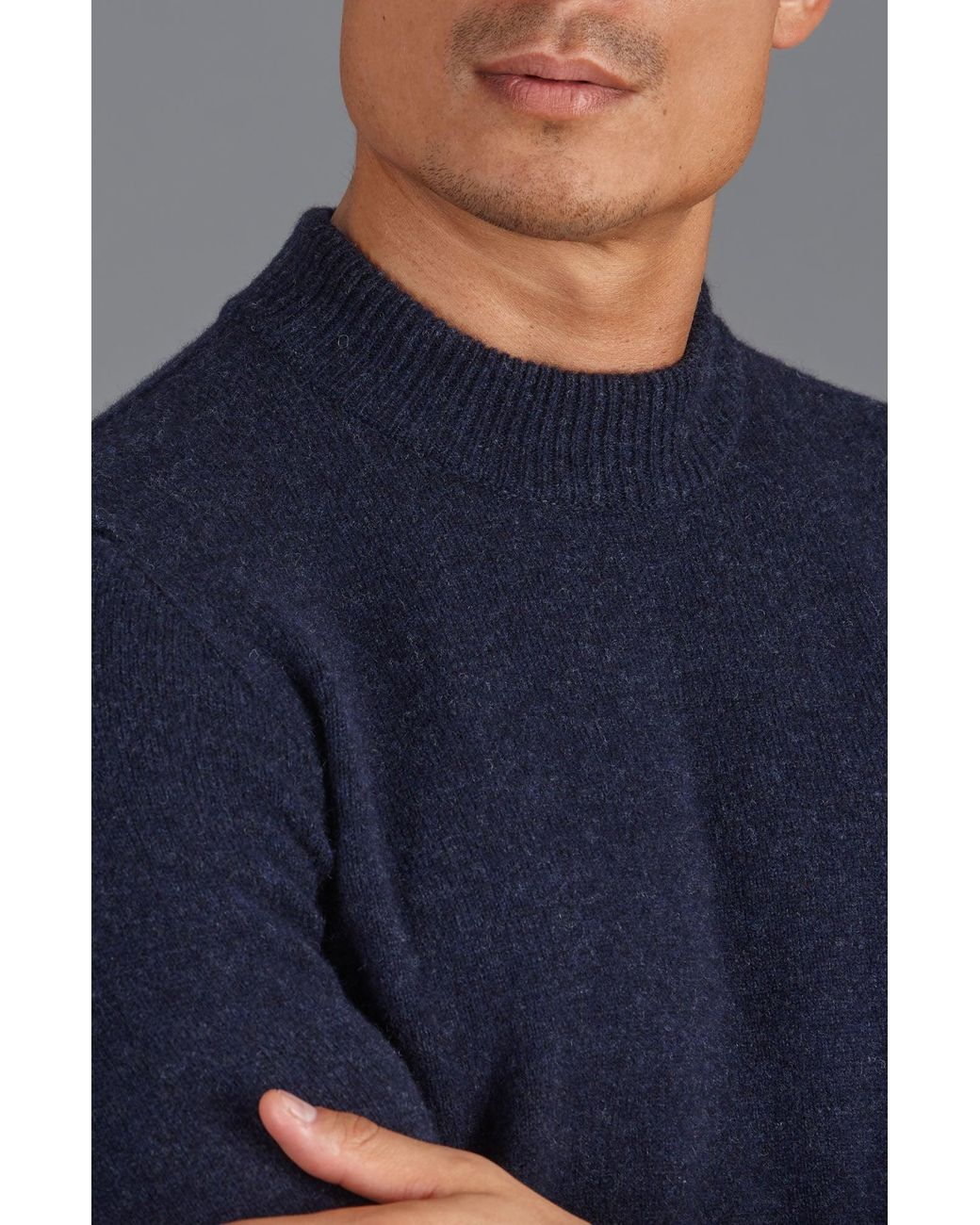 Paul James Knitwear Blue Lambswool Arden Narrow Mock Turtle Neck Jumper for men