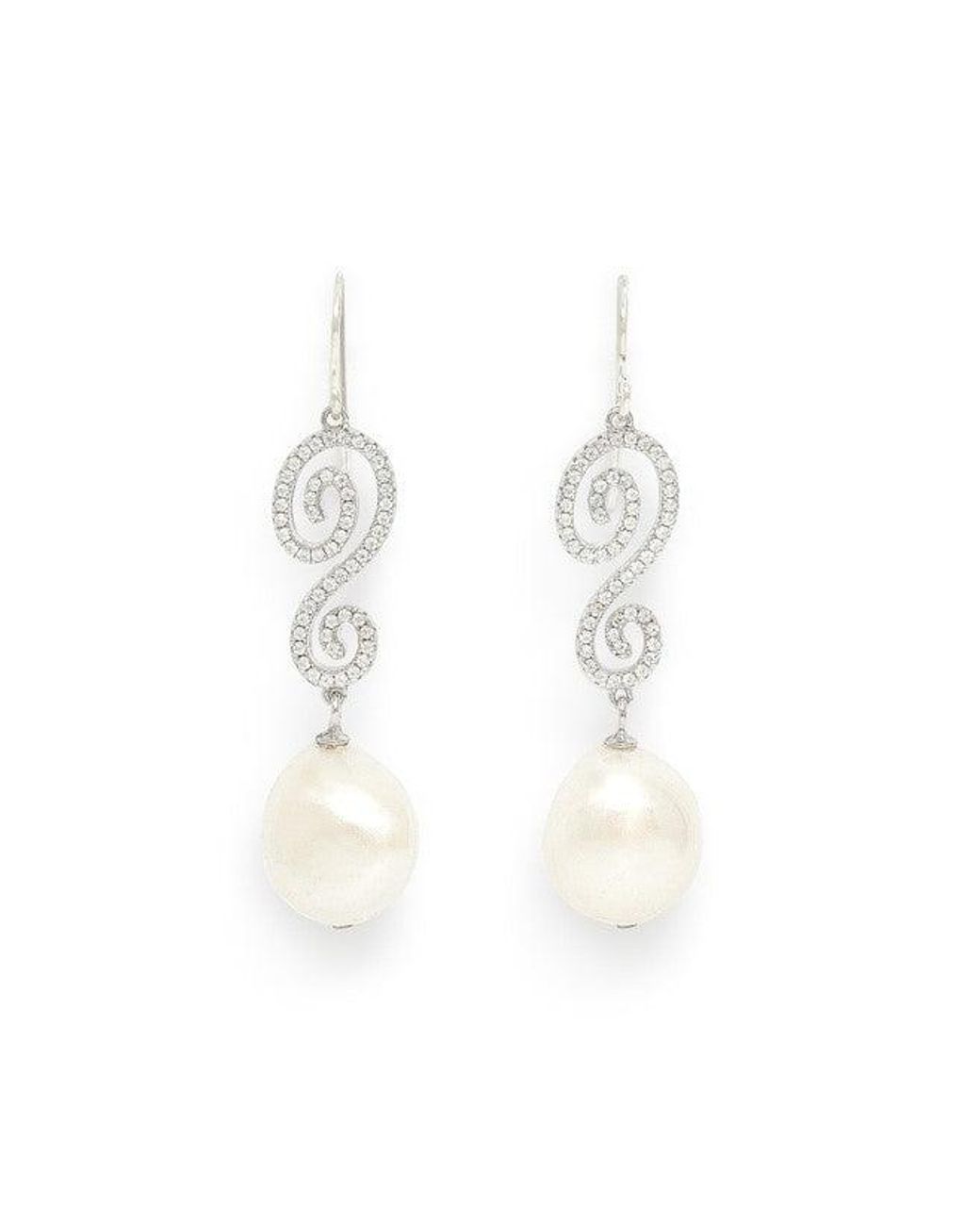 Pearls of the Orient Online White Stella Long Pave Swirl Earrings With Baroque Cultured Freshwater Pearl Drops