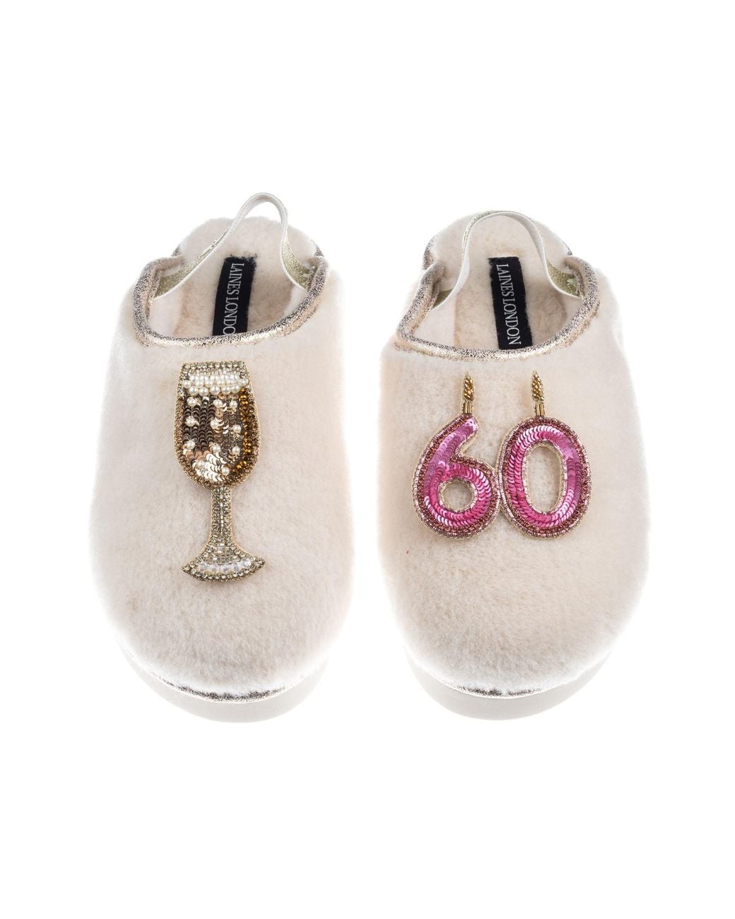 Laines London Multicolor Neutrals Flatform Cloud Closed Toe Slippers With 60Th Birthday & Champagne Glass Brooches