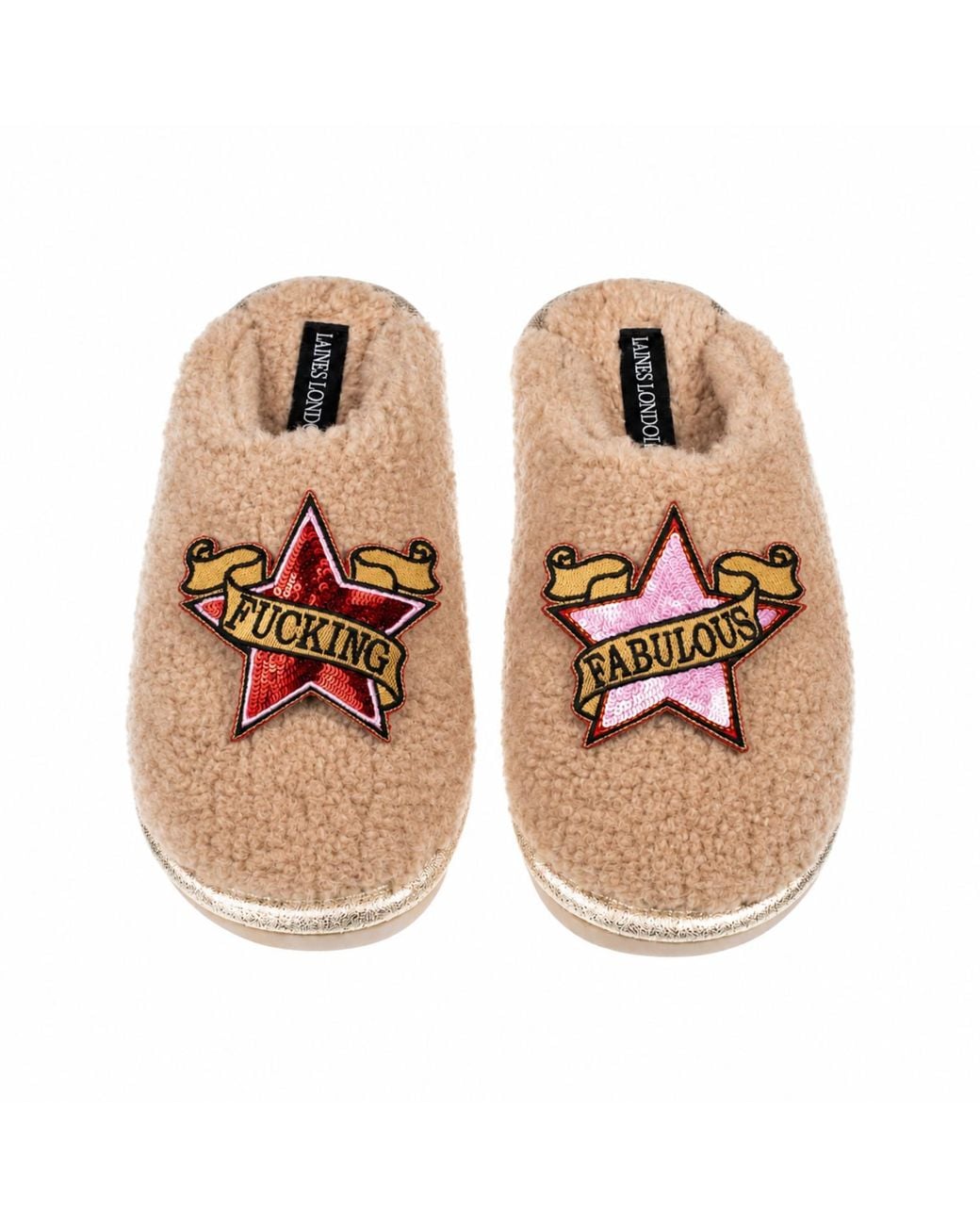 Laines London Multicolor Neutrals Teddy Closed Toe Slippers With & Fucking Fabulous Brooches
