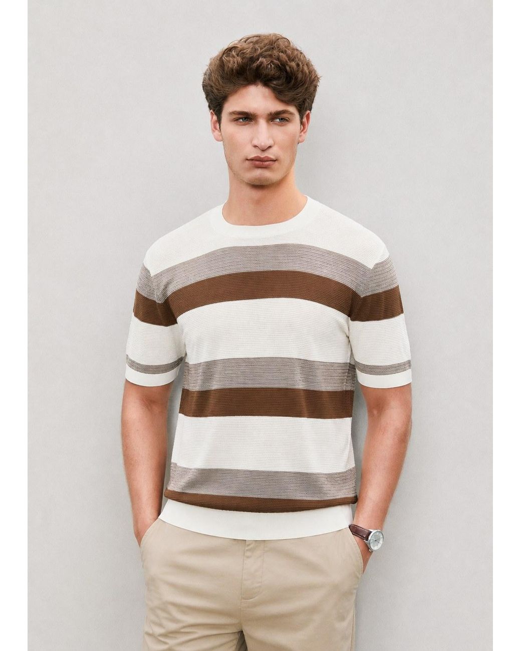 Vayla Natural Neutrals & Mocha Short Sleeve Striped Knitted Top for men