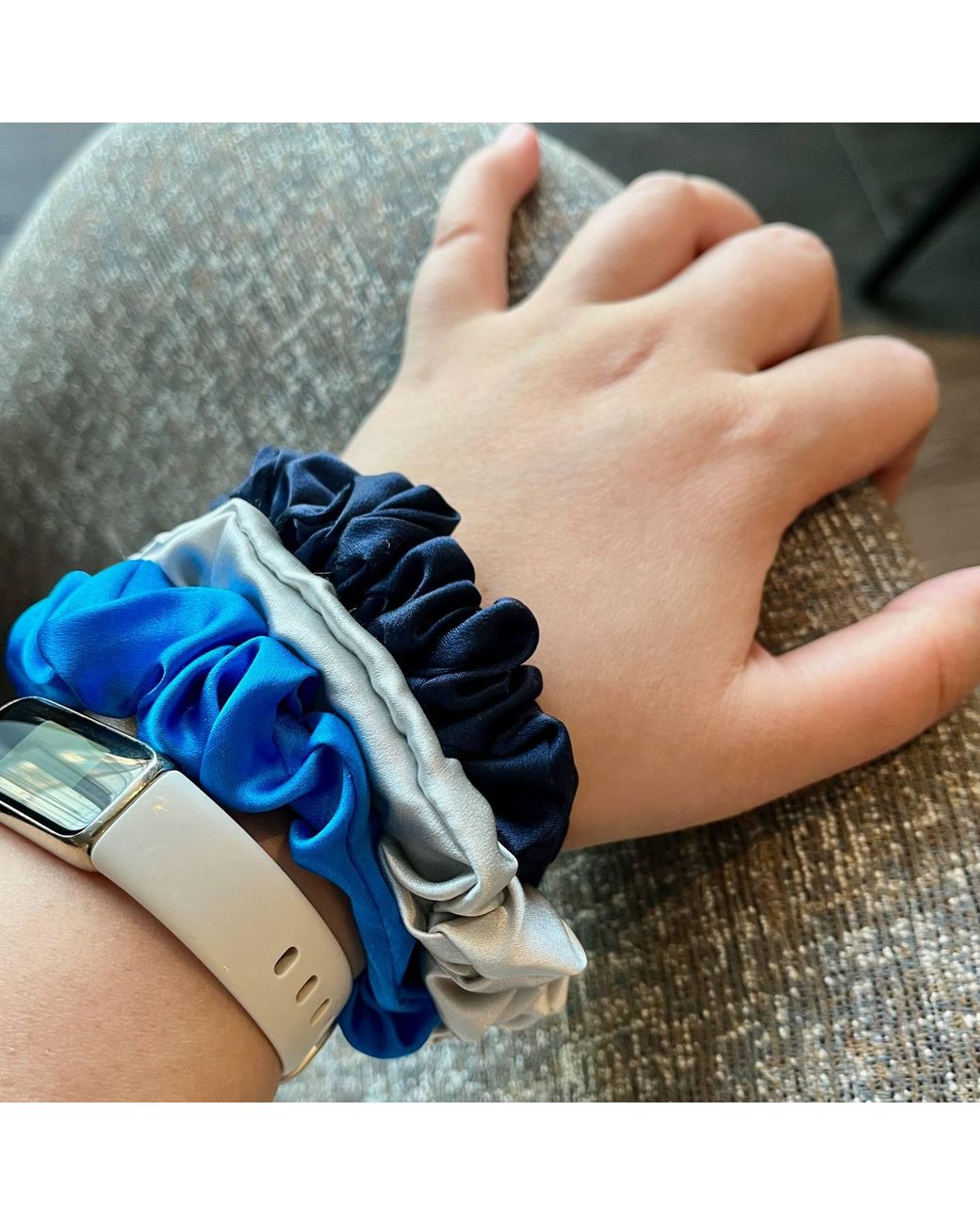 Soft Strokes Silk Blue Set Of Three Pure Mulberry Silk Mini Scrunchies Weekly Special Hair Ties Coastal Waves