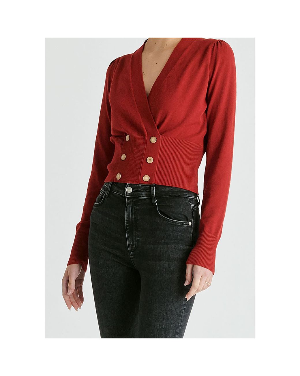 Paisie Red Long Sleeve Knitted Button Wrap Top