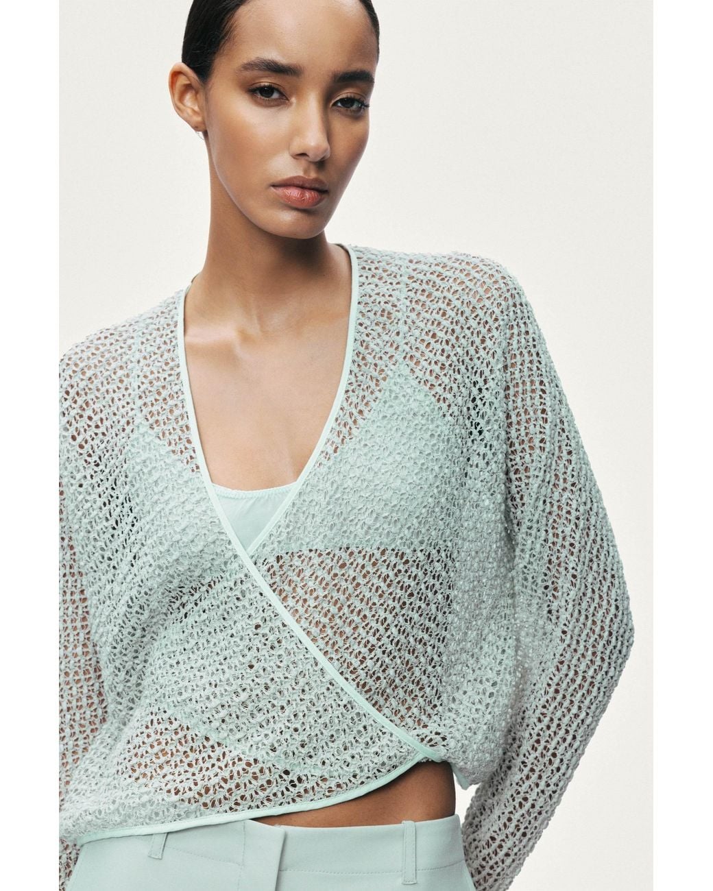 Nocturne Green Wrap Mesh Blouse