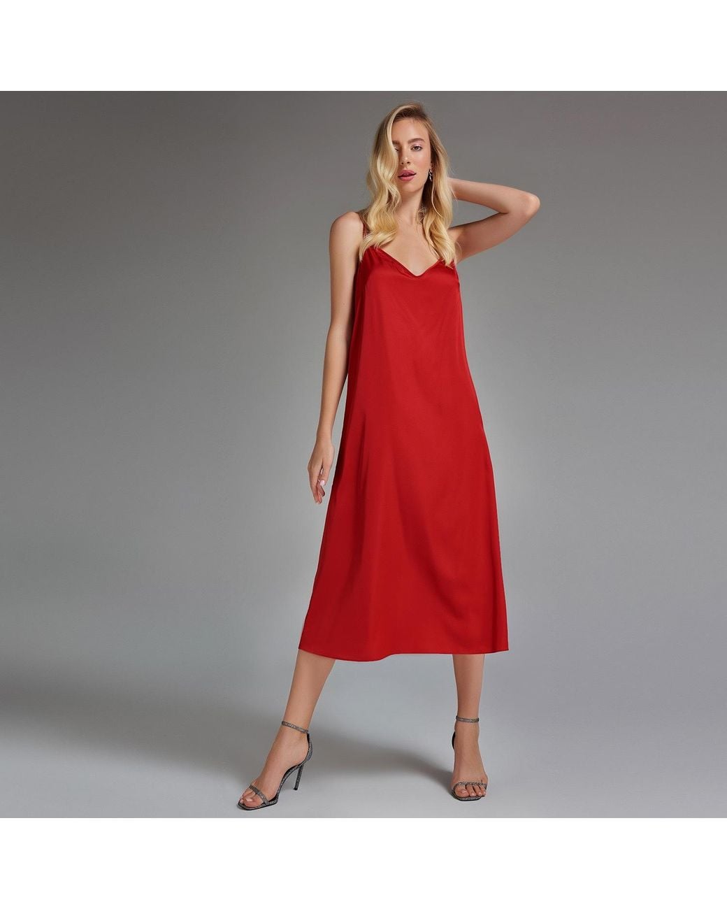 Avenue 8 Red Silk Lace Midi Slip Dress