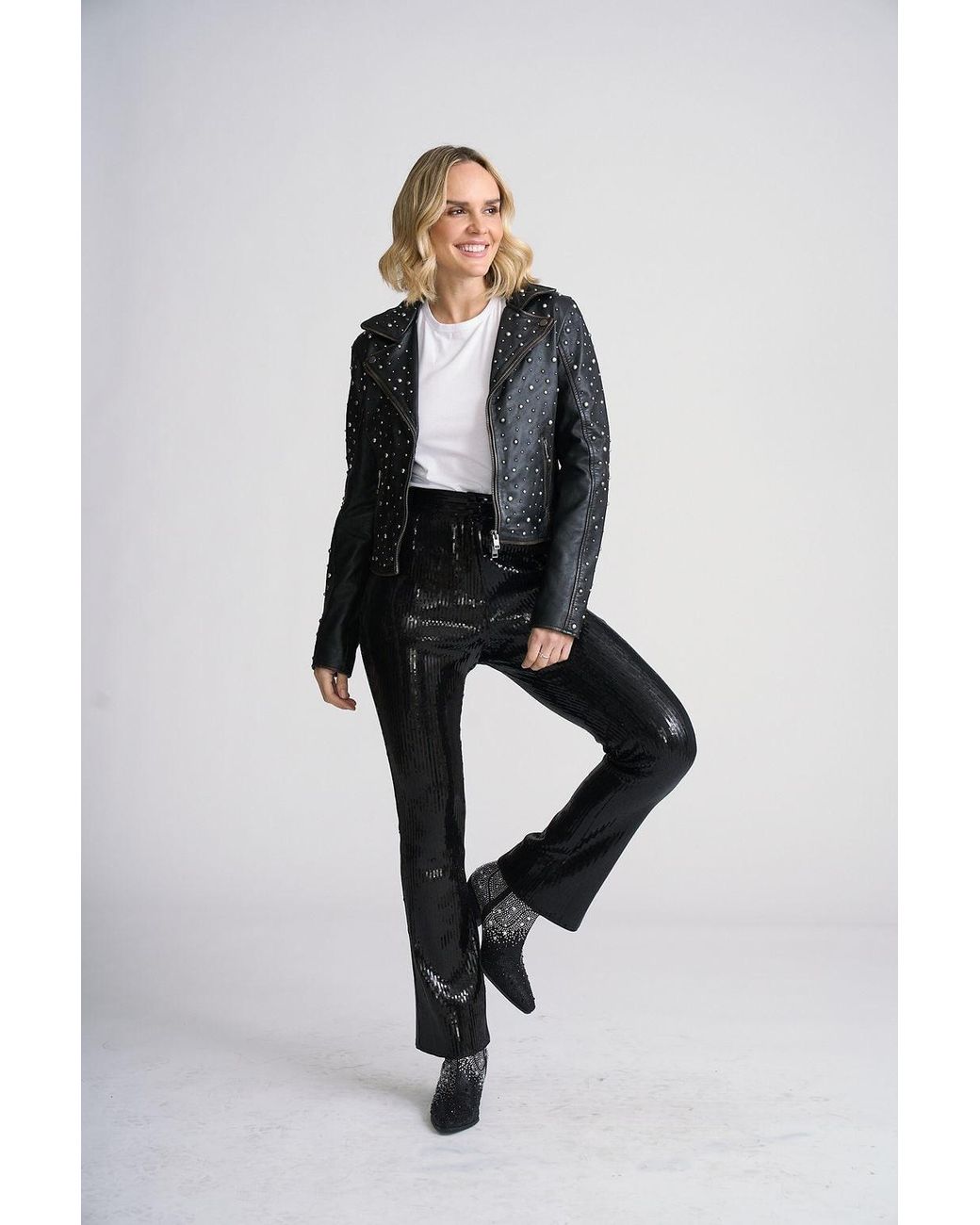Mauritius Black Embellished Lambskin Leather Jacket Roxanne