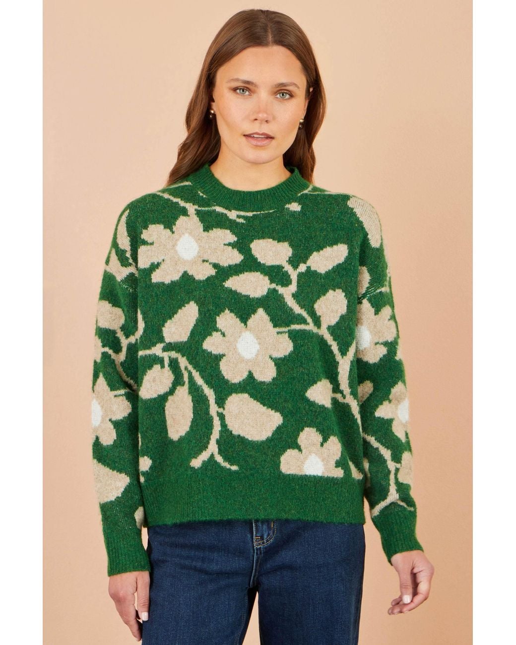 Yumi' Green Floral Intarsia Relaxed Fit Jumper