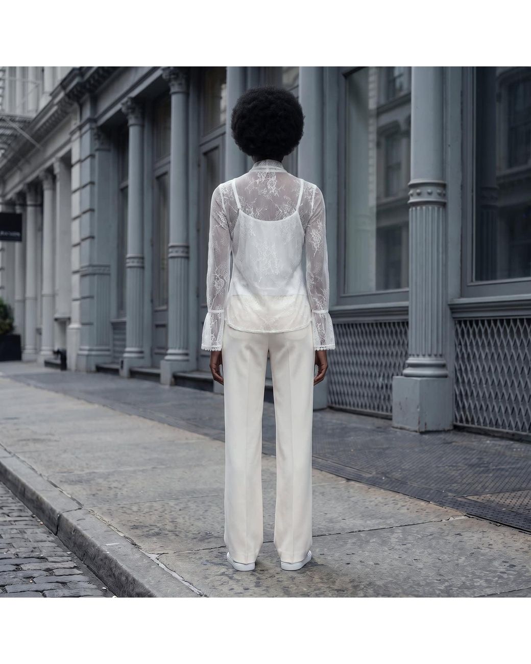 Modenaire White Sheer Lace Blouse With Bow Tie Neck Ruffle Front Detail With Cami