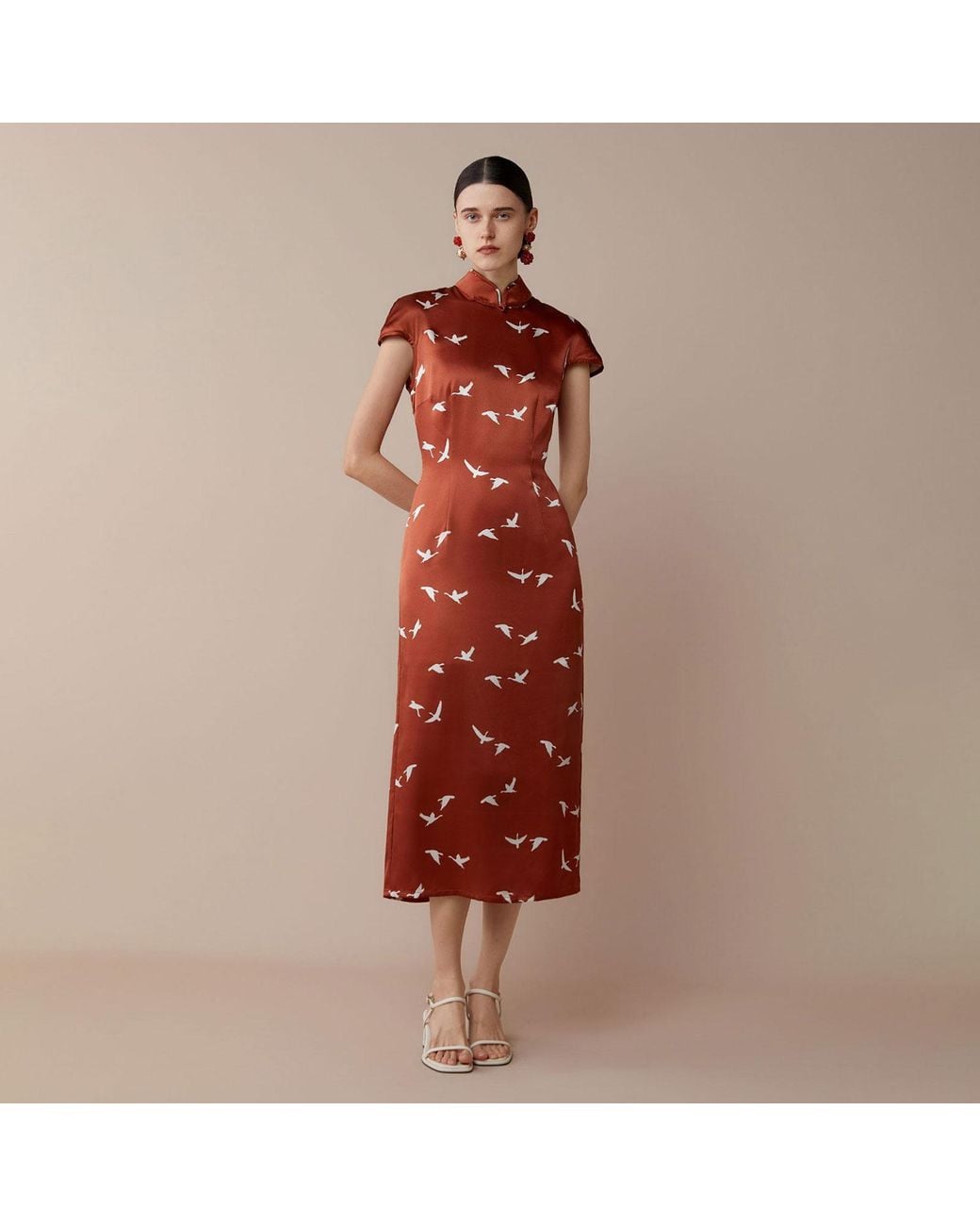 Silkinc Brown Swan Goose Backless Dark Cheongsam