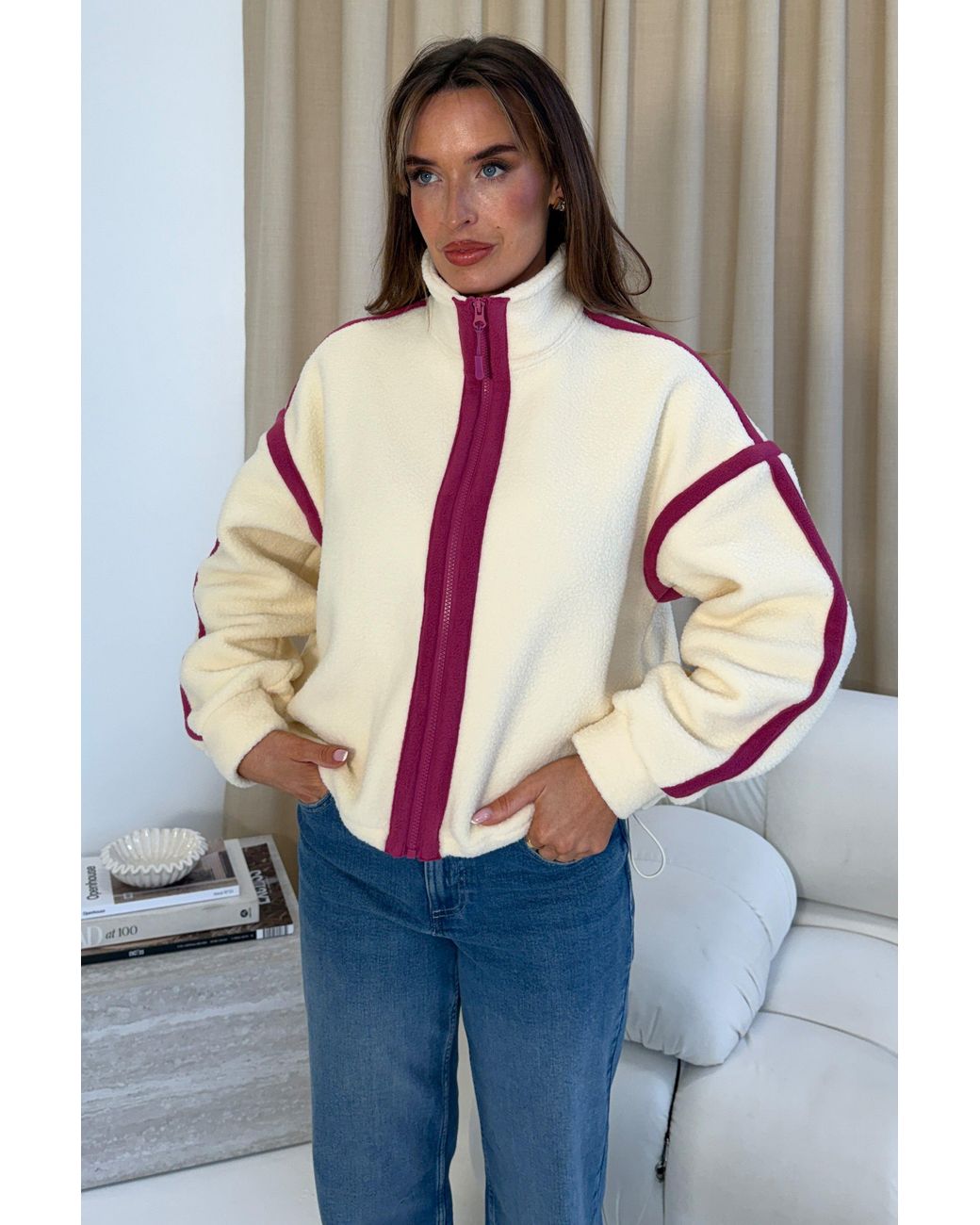 Girl In Mind Pink Lulu Contrast Binding Full Zip Fleece Butter