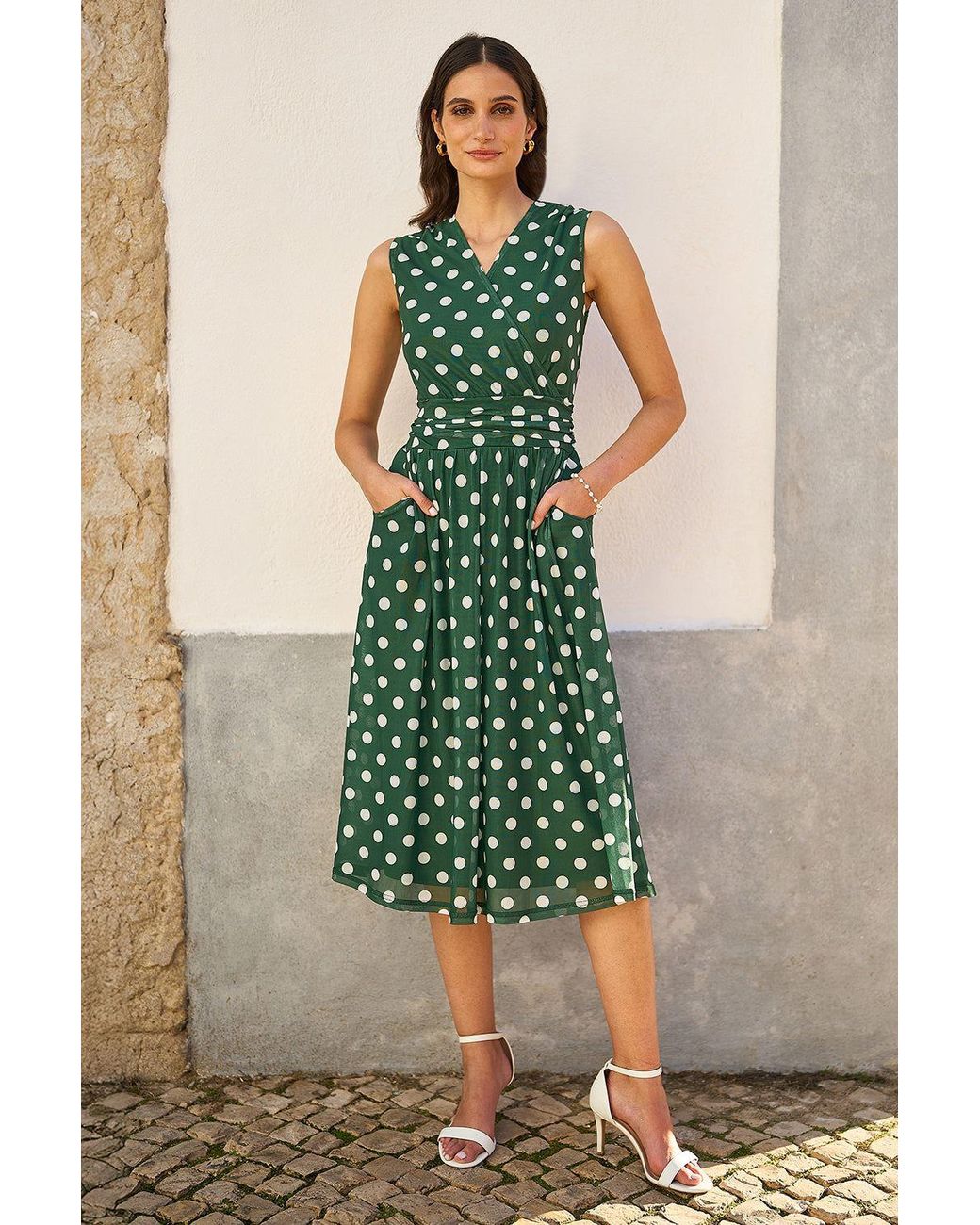 Yumi' Green Polka Dot Mesh Wrap Skater Dress With Pockets