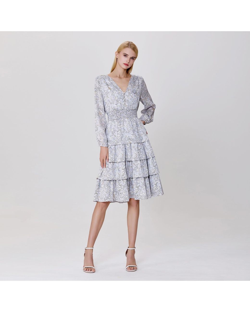 Smart and Joy Gray Tiered Ruffles Liberty Print Tea Dress