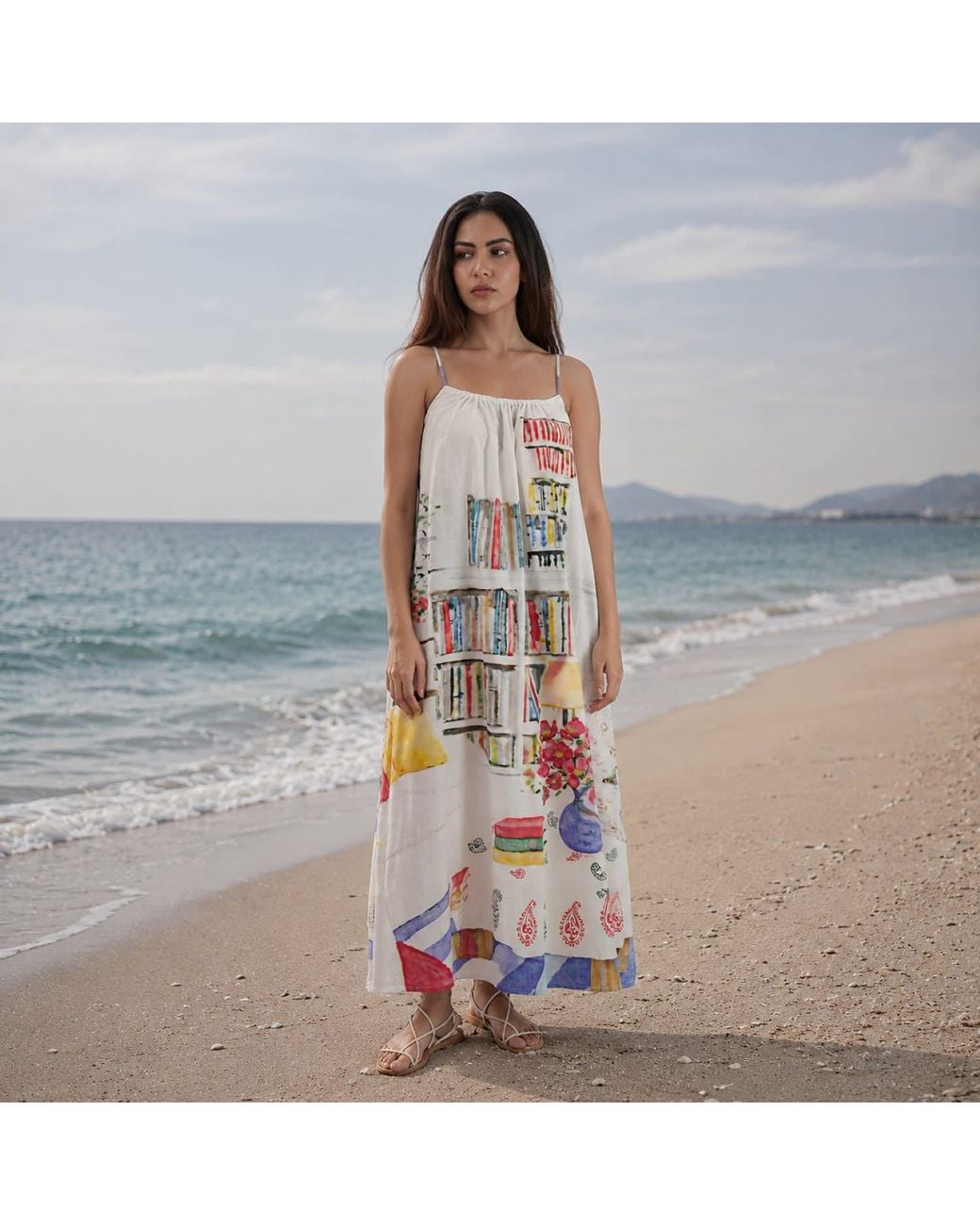 DHARA SHETH DUBAI White Abode Artistic Bookshelf Printed Spaghetti Strap Maxi Dress