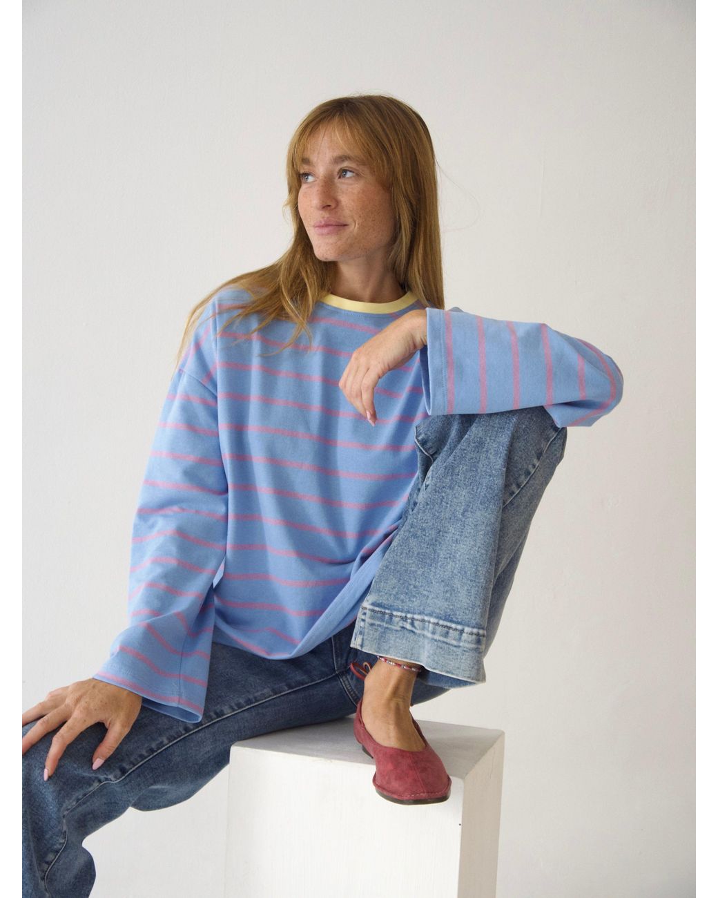 Mind Traveler Blue Light Striped Míriam Long Sleeve Top With Contrast Neck