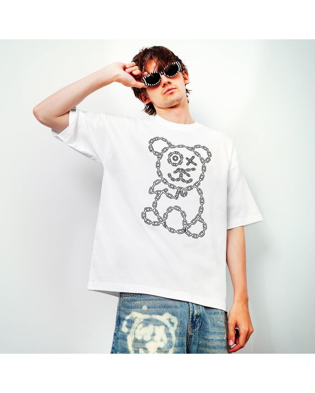 X Ilona Blue Red Universal Fit Graffiti Baby Bear Organic Cotton Chain Link Embroidery Tee for men