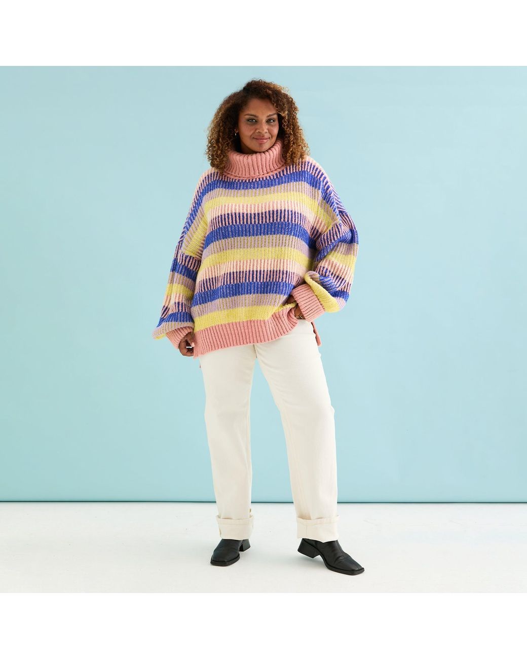 Cara & The Sky Blue Tasha Oversized Balloon Sleeve Stripe Roll Neck Jumper