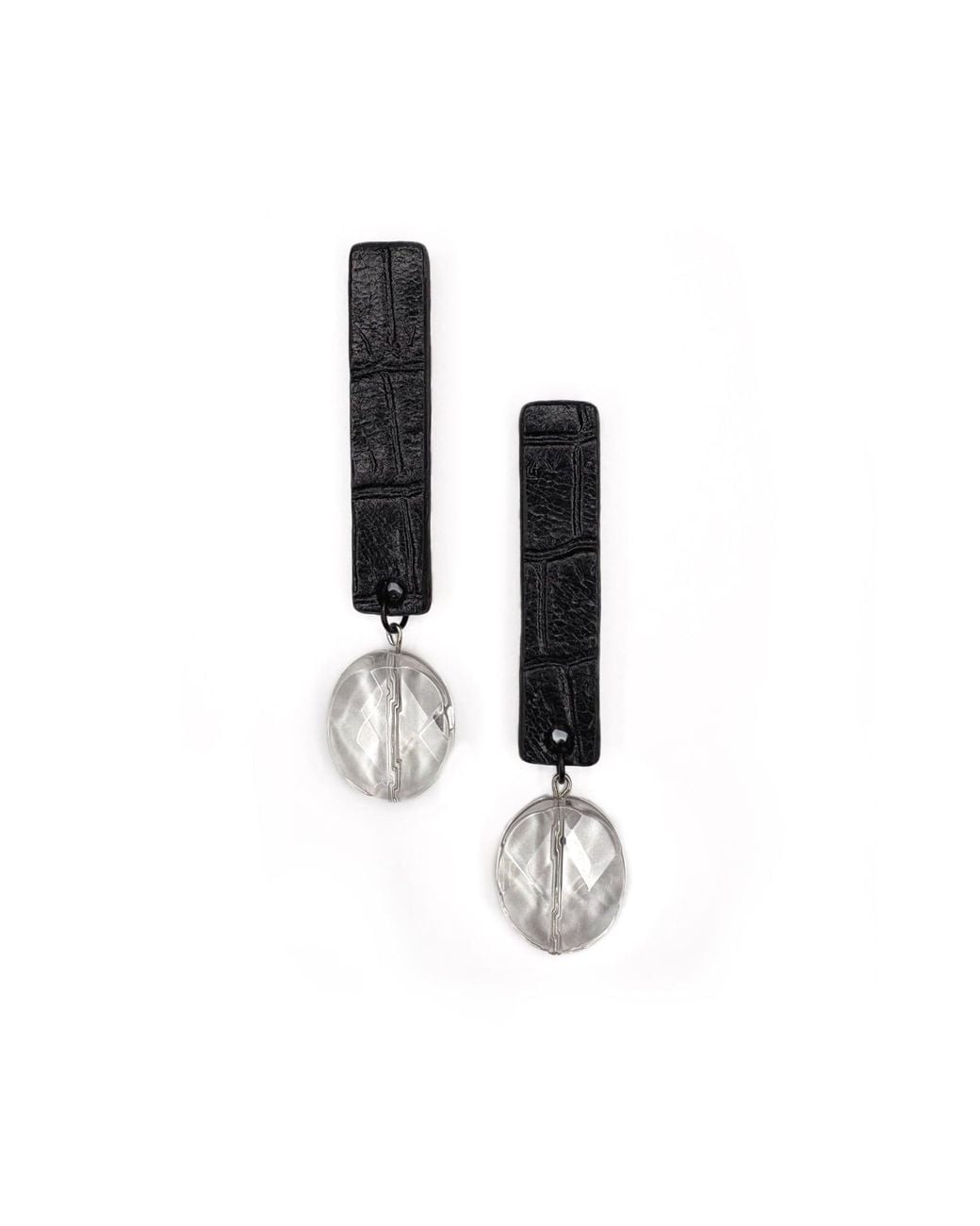 WAIWAI Black Clear Quartz & Alligator-Textured Leather Drop Earrings