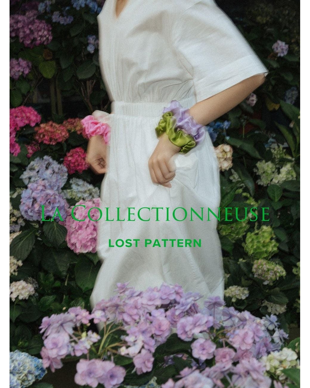 Lost Pattern Green Silken Hair Silk Scrunchie Hair Tie