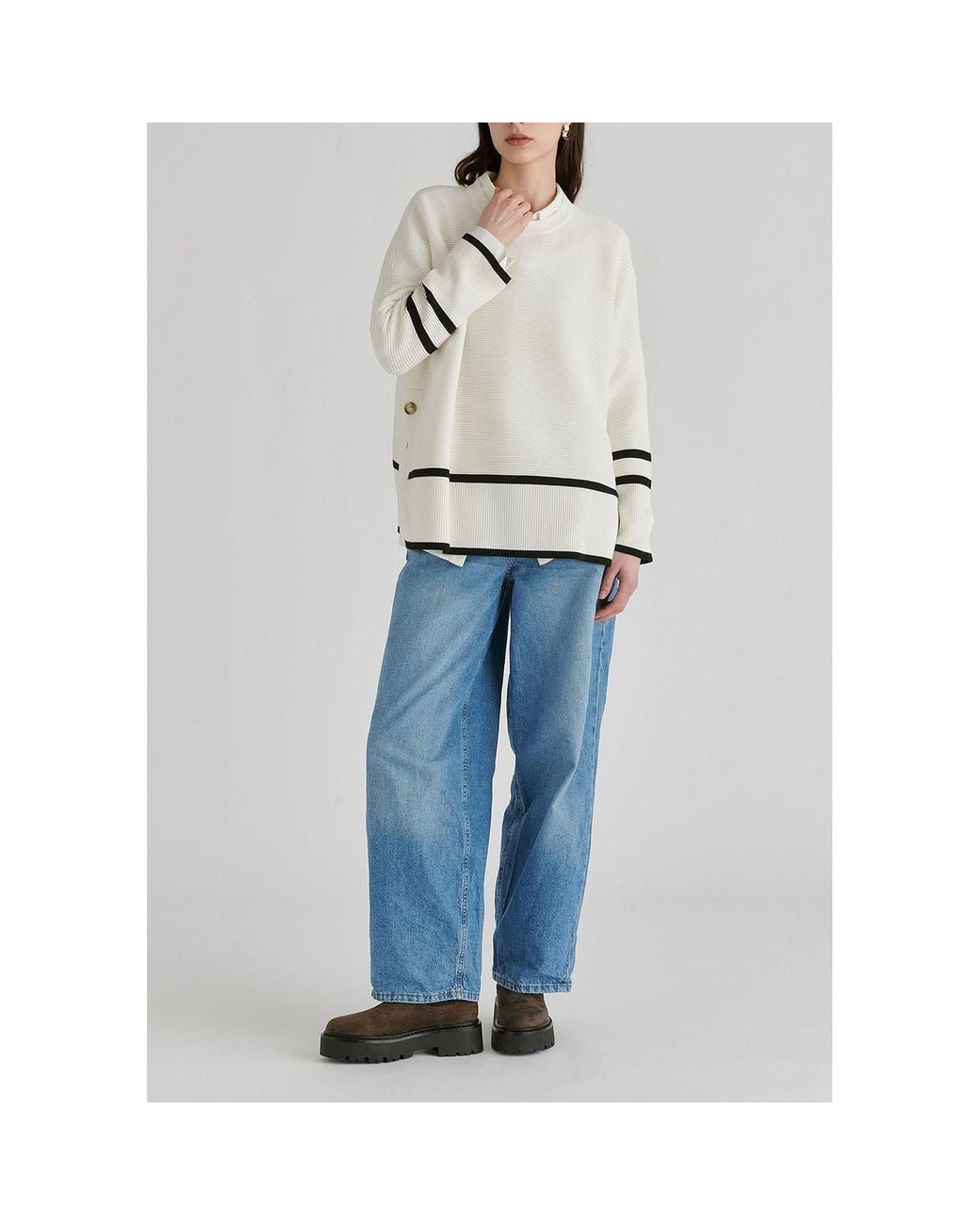 Paisie White Striped Details Ribbed Jumper With Side Buttons
