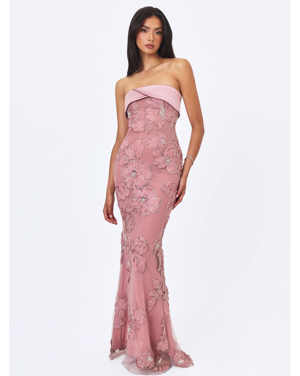 Miss Circle New York Purple Raphaela Dusty Beaded Floral Strapless Mermaid Maxi Dress