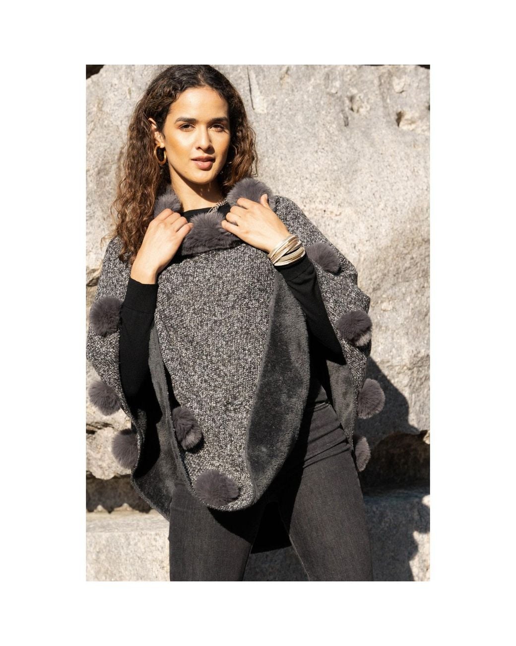 Saachi Gray Faux Fur Poncho Pom Pom