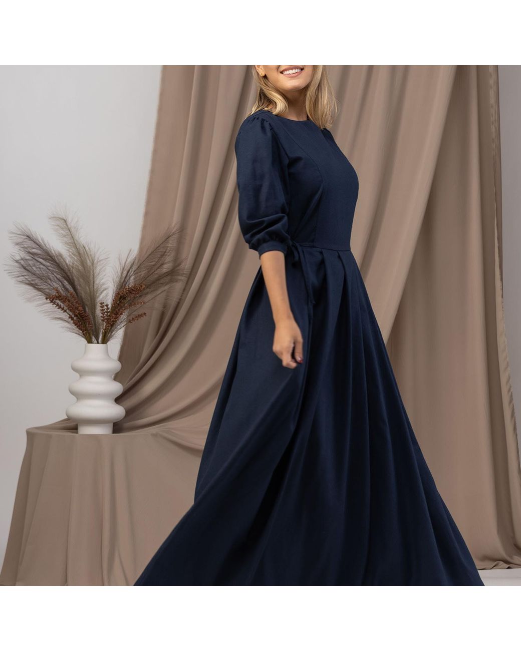Nikka Place Blue Vintage Inspired Linen Dress With Puff Sleeves And Pockets