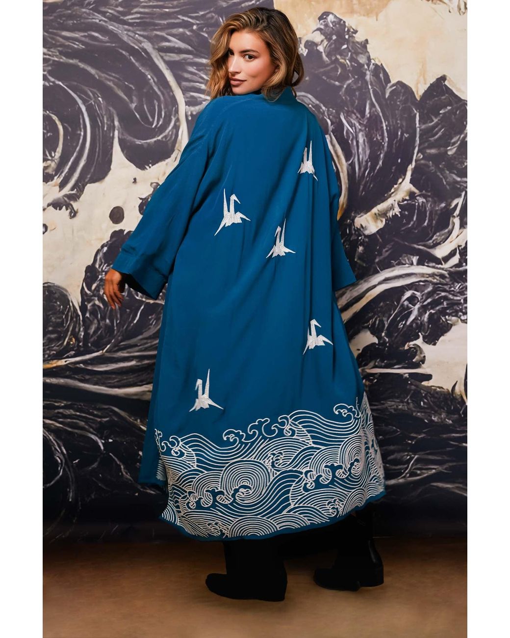 Artemis Muse Blue Origami & Hokusai Wave Embroidered Fully Lined Deep Long Kimono