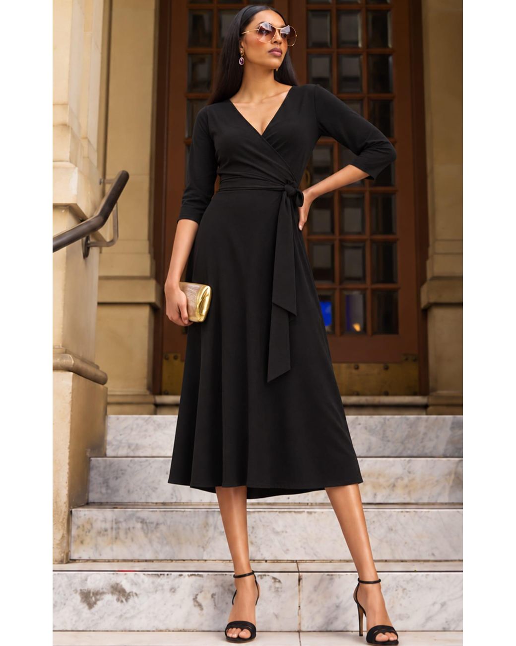 SACHA DRAKE Black Three Quarter Sleeve Reversible Jersey Wrap Dress