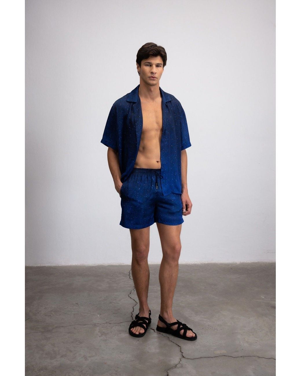 Je Te Veux Blue Night Sky Printed Cosmic Mind Drawstring Shorts for men