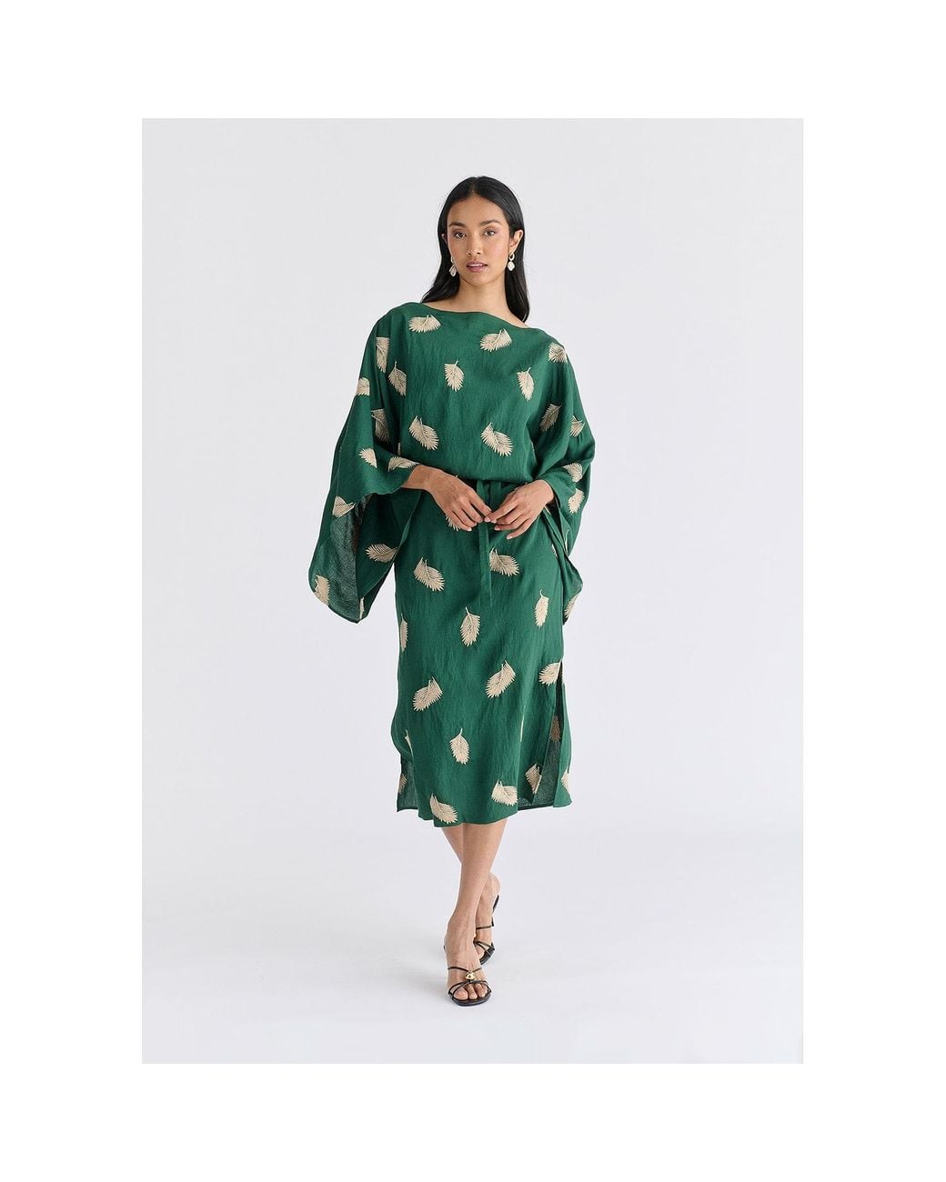 Paisie Green Leaf Embroidered Kimono Sleeves Midi Dress