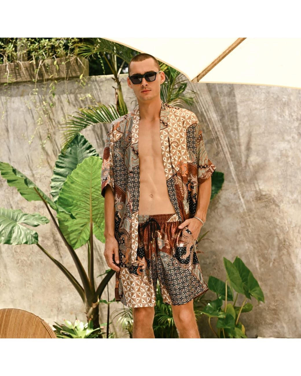 ORIGIN OF HEARTS Brown Neutrals Enari Relaxed Resort Satin Kimono Set for men
