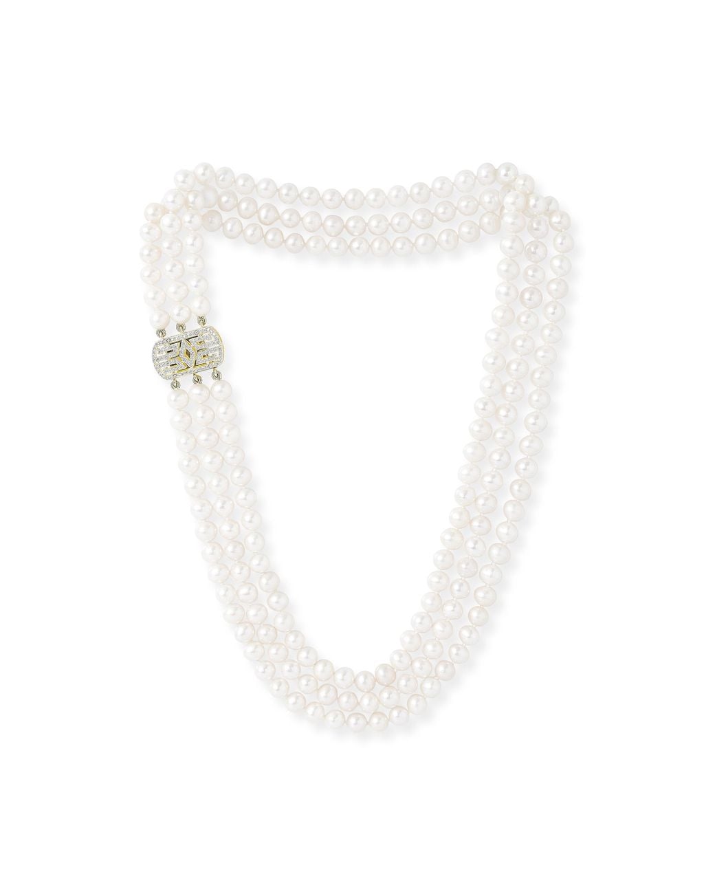 Pearls of the Orient Online White Stella Triple Strand Cultured Freshwater Pearl Necklace With Art Deco Style Vermeil Pave Clasp