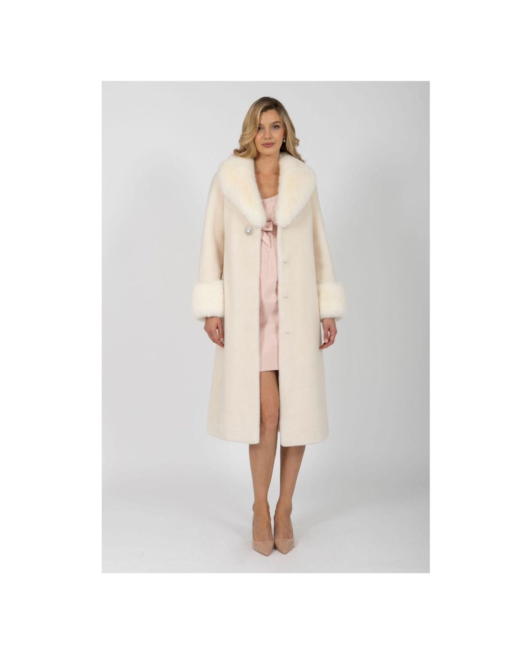 Santinni Natural Sunset Boulevard Long Wool Coat With Faux Fur